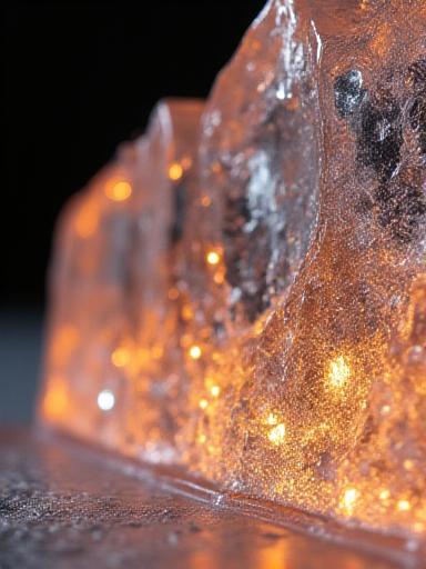 Detailaufnahme einer beleuchteten Eisskulptur mit Gold-Akzenten